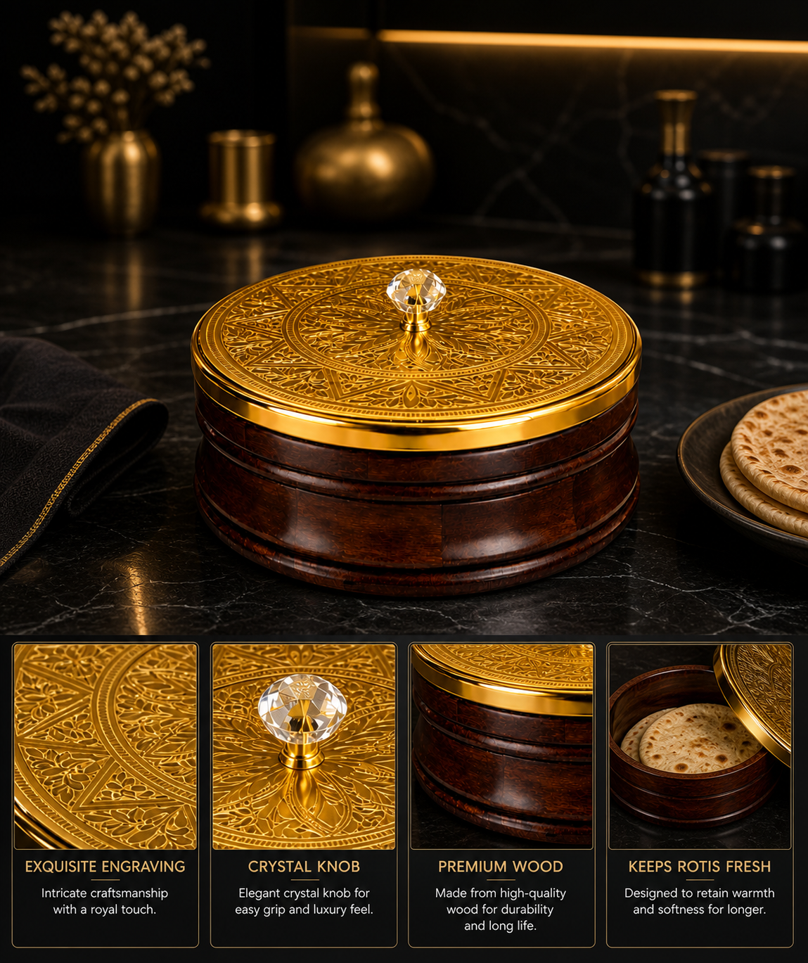Luxury Designer Roti Box with Decorative Golden Lid | Premium Wooden Chapati Storage Container for Kitchen & Dining Table | Insulated Bread Keeper and Elegant Indian Serveware for Fresh Rotis