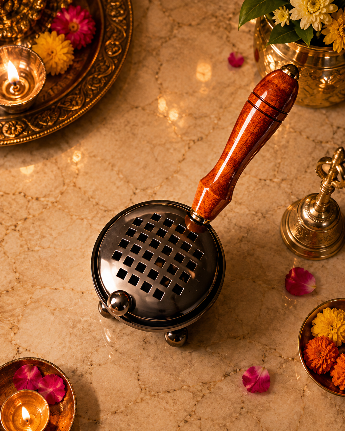Metal Incense Burner with Wooden Handle | Stylish Loban, Bakhoor & Dhoop Holder for Home Décor, Mandir & Meditation Space