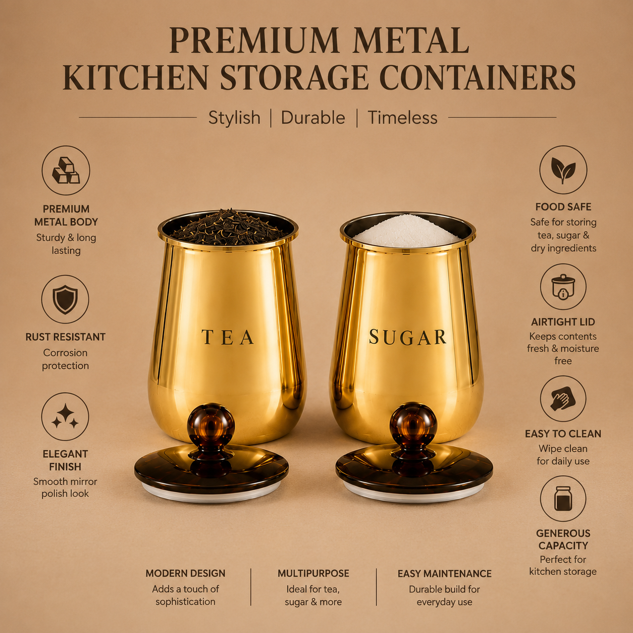 Premium Gold Tea & Sugar Storage Containers with Decorative Lids – Set of 2