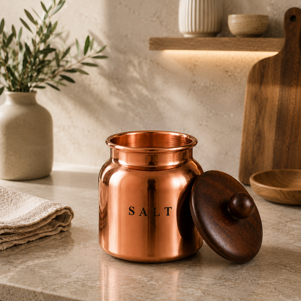Metal Salt Canister with Wooden-Style Lid – Premium Kitchen Storage Container for Countertop, Pantry, Spices & Dry Food