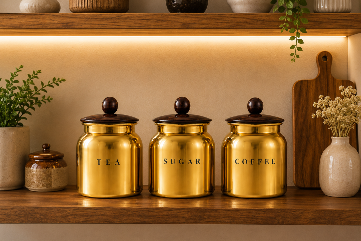 Gold Metal Tea Sugar Coffee Canister Set with Wooden-Style Lids – Premium 3 Piece Kitchen Storage for Countertop, Pantry & Coffee Station