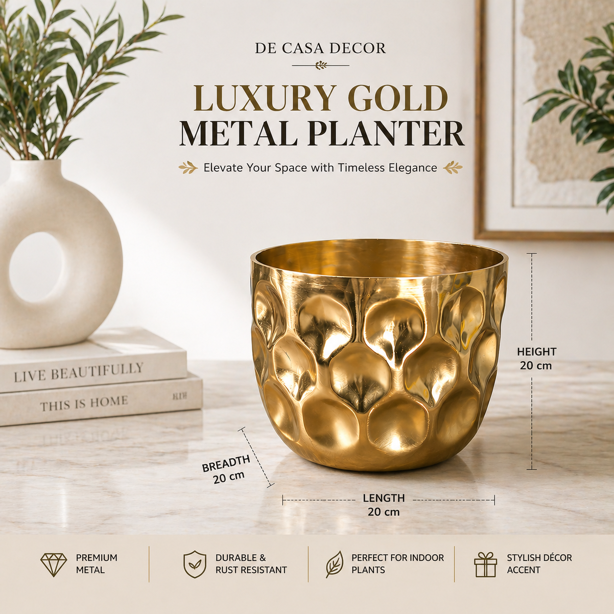 Gold Metal Planter Pot for Indoor Plants