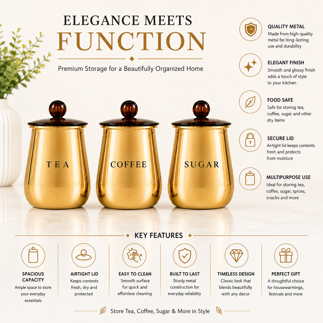 Premium Gold Metal Tea Coffee Sugar Storage Container Set of 3 with Decorative Knob Lids