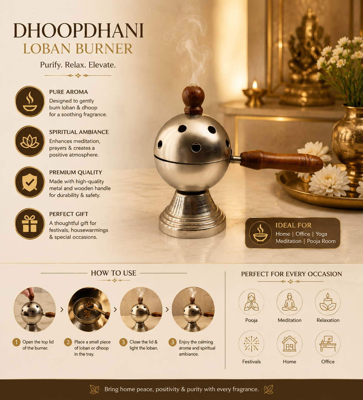 Round Metal Loban Burner with Wooden Handle
