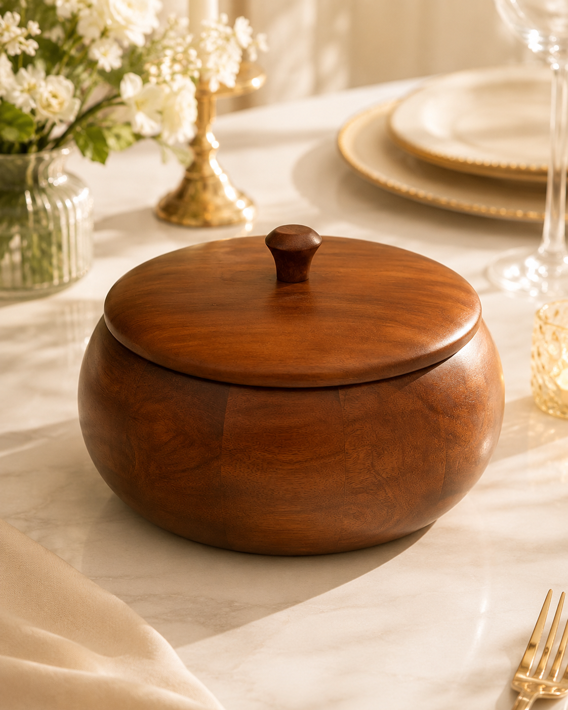 Premium Round Wooden Roti Box with Knob Lid for Chapati, Paratha and Bread Storage