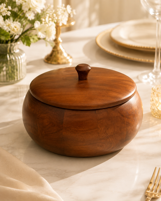 Premium Round Wooden Roti Box with Knob Lid for Chapati, Paratha and Bread Storage