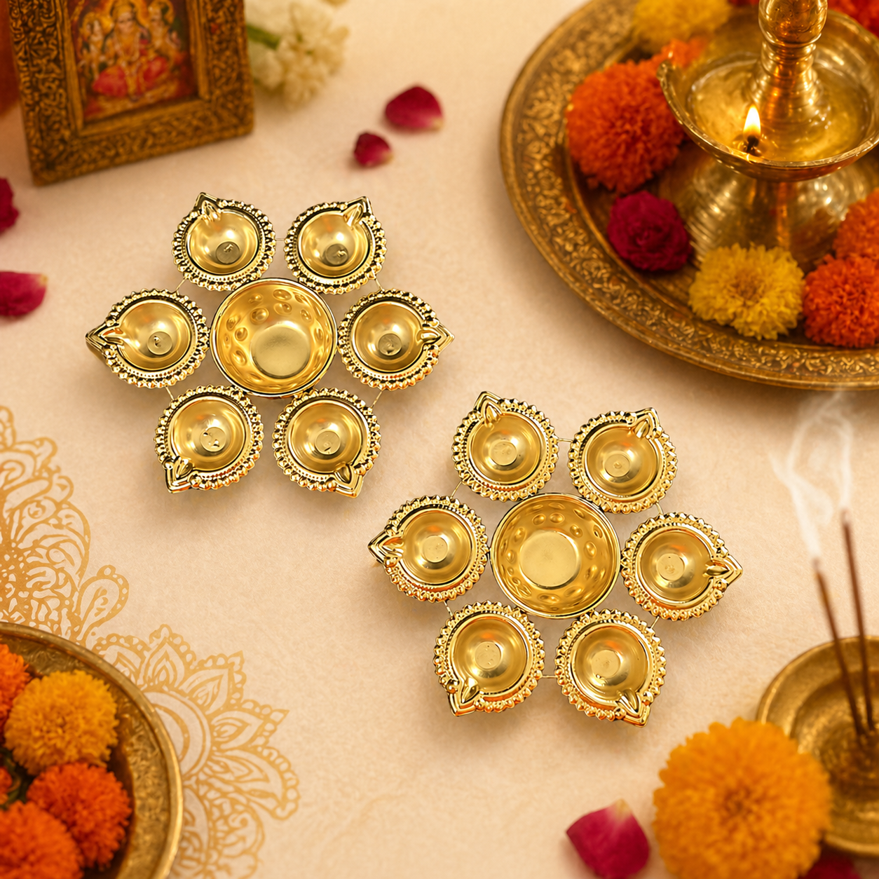 Premium Metal Diya Set for Diwali & Pooja Decoration – Elegant Decorative Metal Diyas with Golden Finish for Mandir, Festive Table Decor, Traditional Oil Lamps & Spiritual Home Decoration