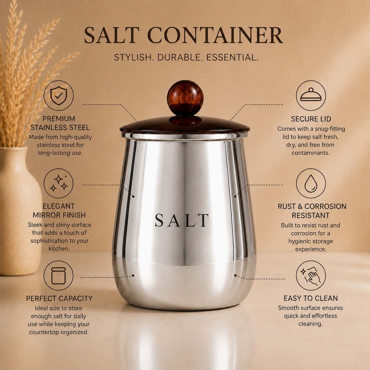 Premium Silver Metal Salt Storage Container with Decorative Knob Lid for Kitchen Counter
