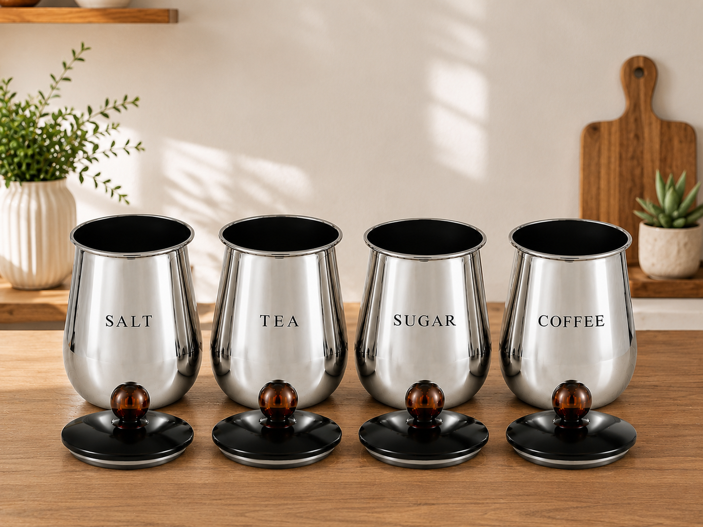 Premium Silver Salt Tea Sugar Coffee Storage Containers with Lids – Set of 4