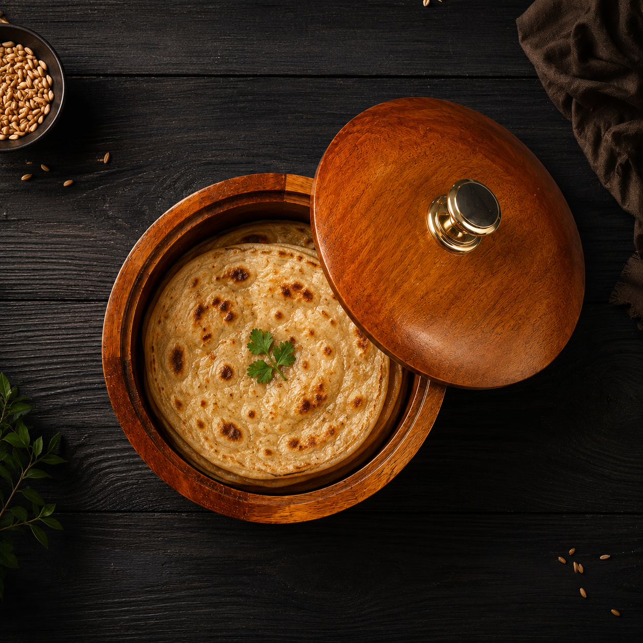Premium Wooden Roti Box with Lid and Metal Knob for Chapati & Paratha Storage