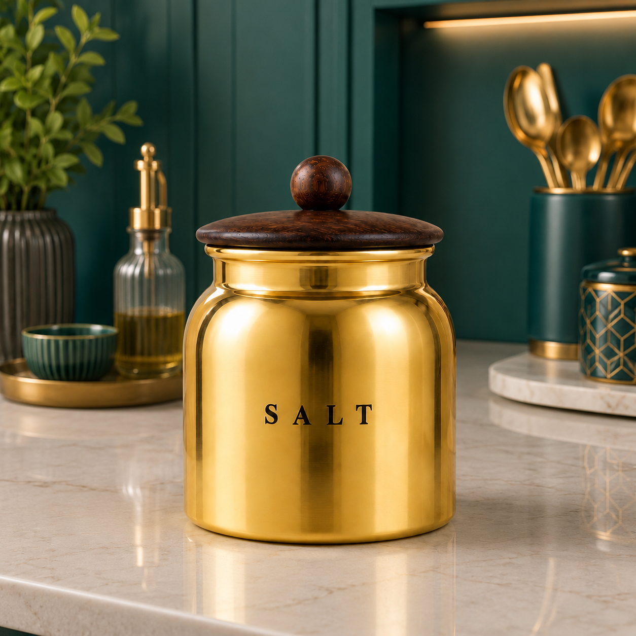 Premium Gold Metal Salt Canister with Wooden-Style Lid – Luxury Kitchen Storage Container for Countertop, Pantry, Spices & Dry Food