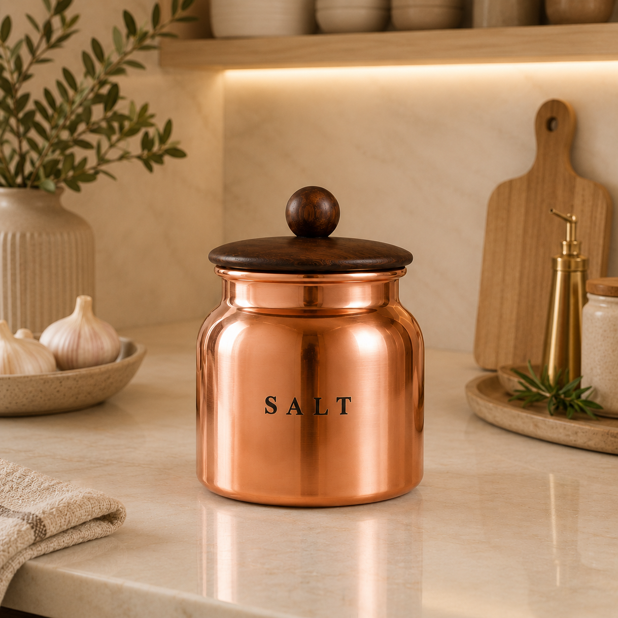Metal Salt Canister with Wooden-Style Lid – Premium Kitchen Storage Container for Countertop, Pantry, Spices & Dry Food