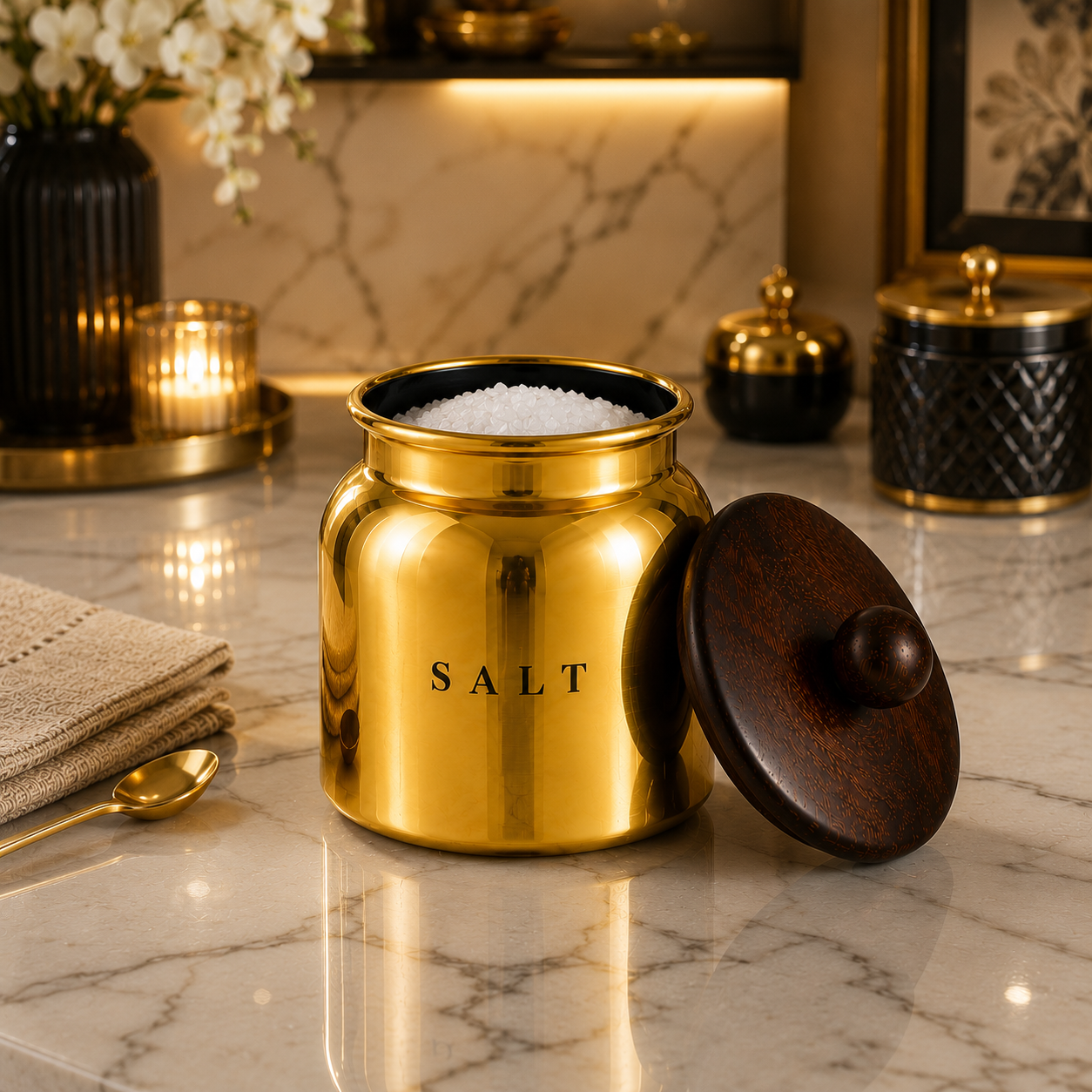 Premium Gold Metal Salt Canister with Wooden-Style Lid – Luxury Kitchen Storage Container for Countertop, Pantry, Spices & Dry Food