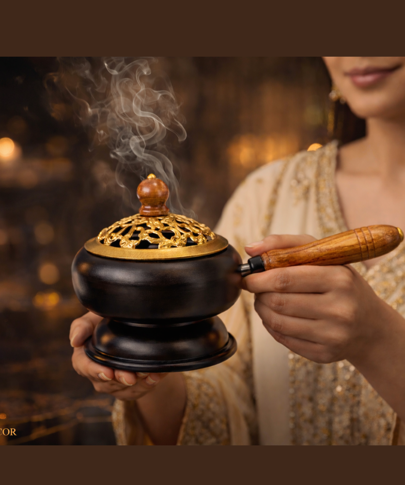 Premium Metal Loban Burner with Wooden Handle | Traditional Dhoop Dani for Home Fragrance & Pooja