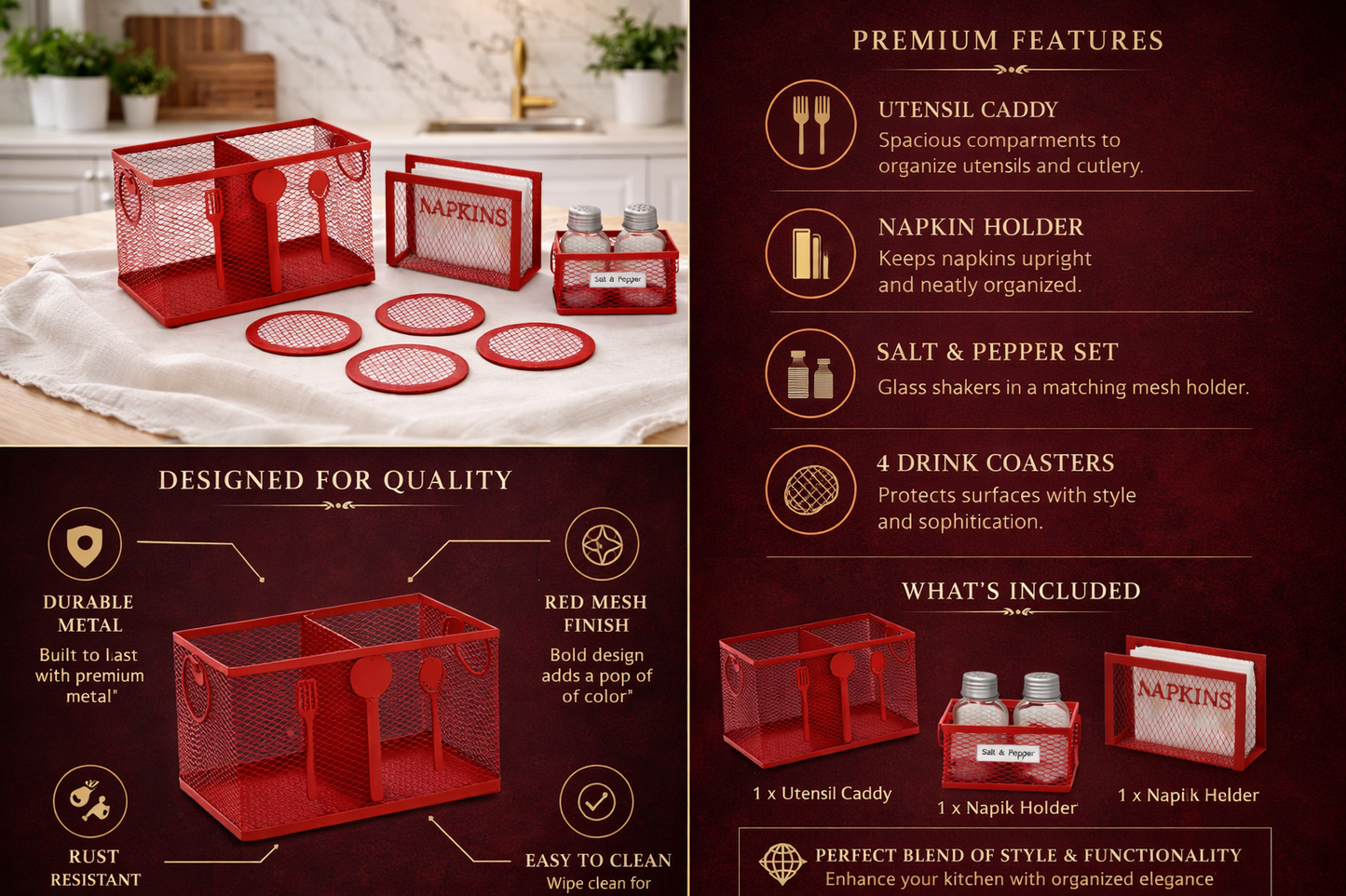 Red Metal Cutlery Holder Set for Kitchen Counter & Dining Table | Mesh Kitchen Organizer Basket with Napkin Holder, Salt Pepper Holder & Coasters | Modern Kitchen Accessories Combo for Spoon Fork Storage