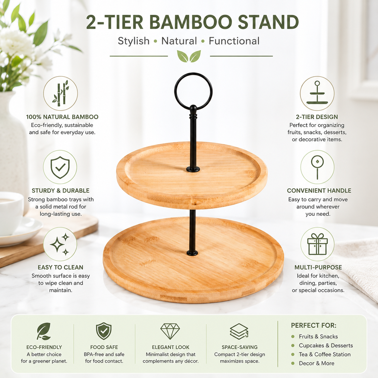 Premium 2 Tier Bamboo Cake Stand for Cupcakes & Desserts – Elegant Wooden Dessert Display Stand with Metal Handle – Multi Layer Serving Tray for Kitchen Counter, Tea Party, Birthday, Bakery & Home Decoration
