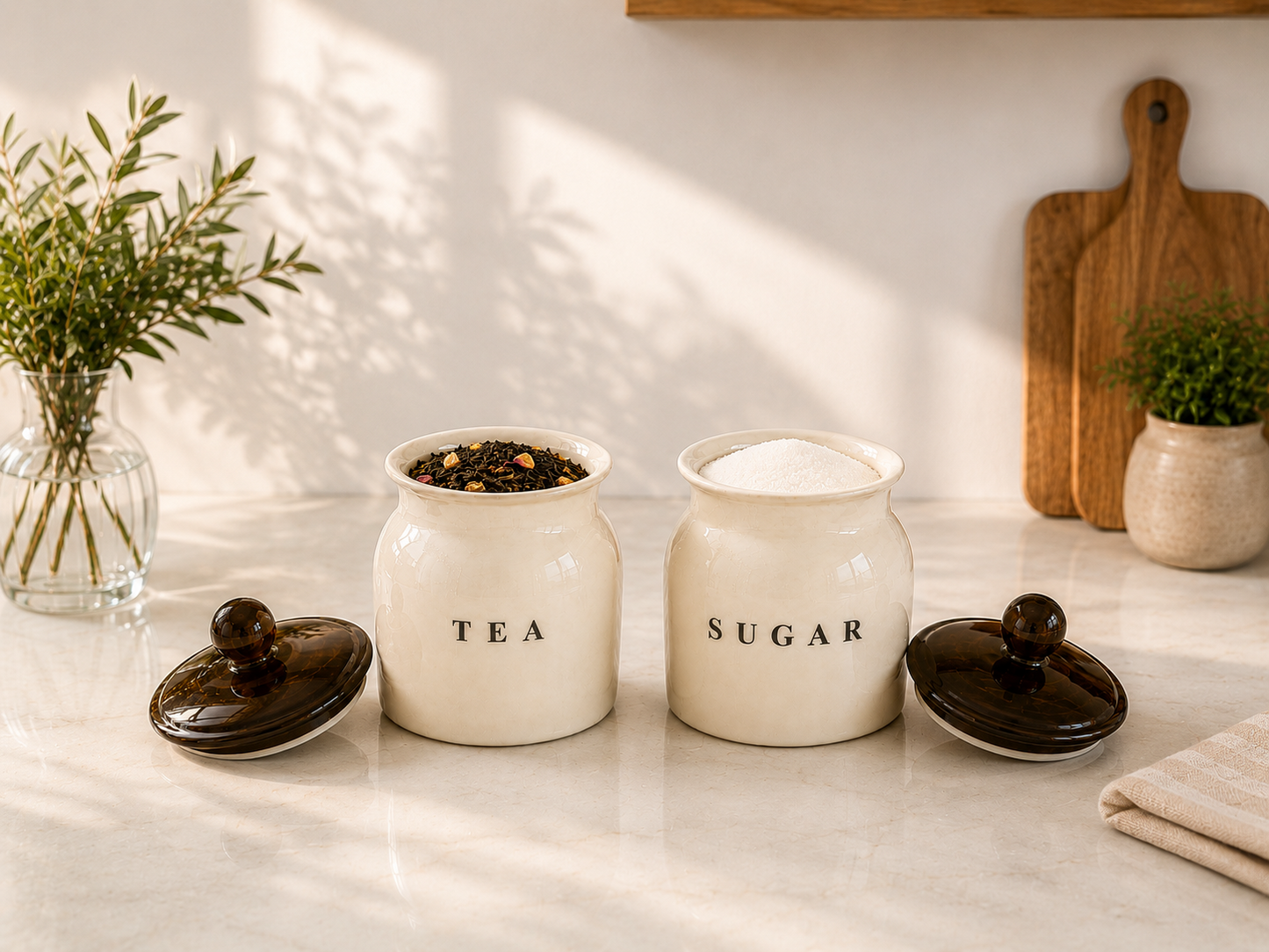 White Metal Tea Sugar Container Set with Black Lids – Premium Kitchen Storage Canisters for Countertop, Pantry & Tea Station