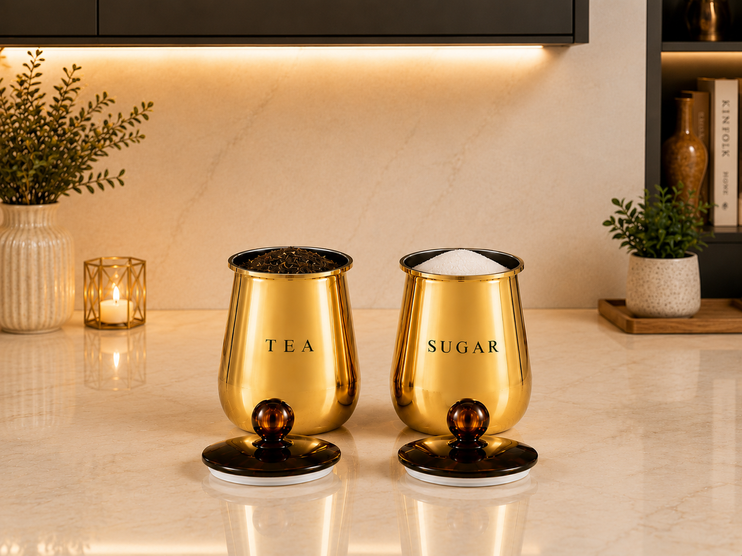 Premium Gold Tea & Sugar Storage Containers with Decorative Lids – Set of 2