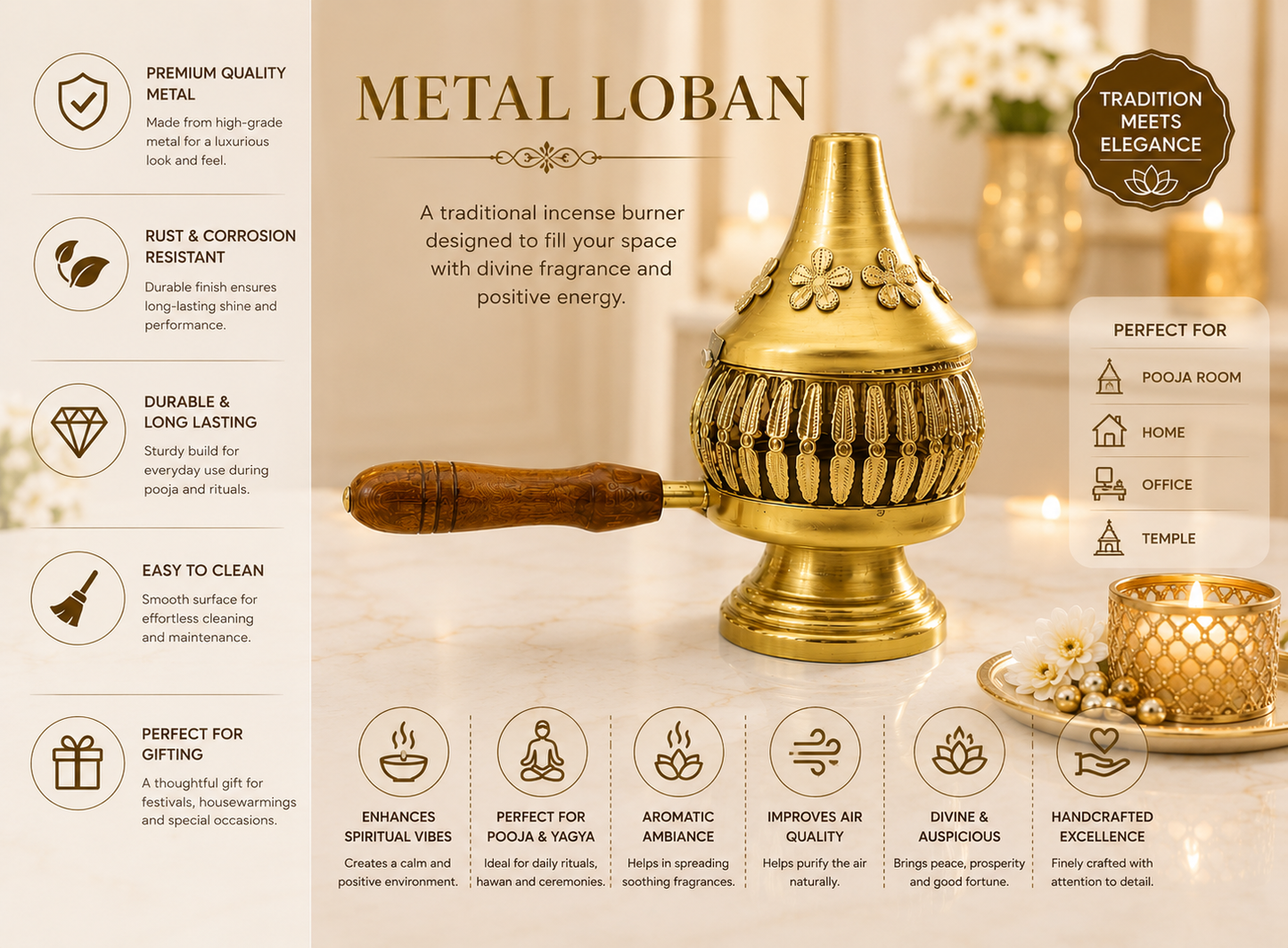 Floral Metal Loban Burner with Wooden Handle