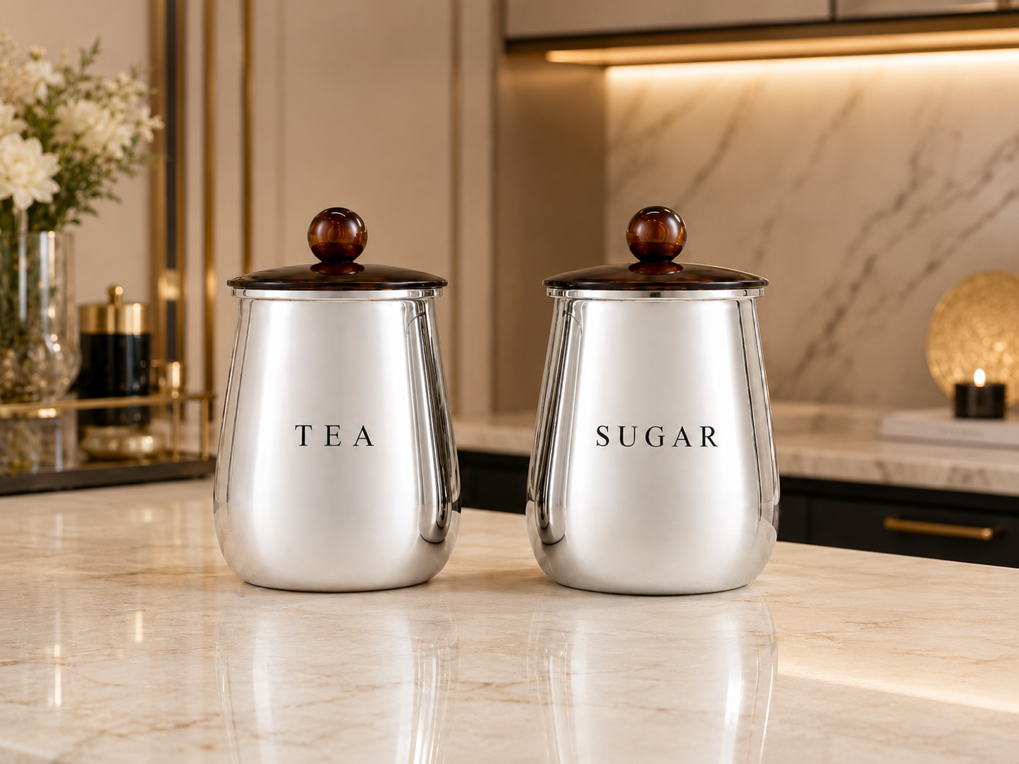 Premium Silver Metal Tea & Sugar Storage Containers with Lids – Set of 2 Kitchen Canisters