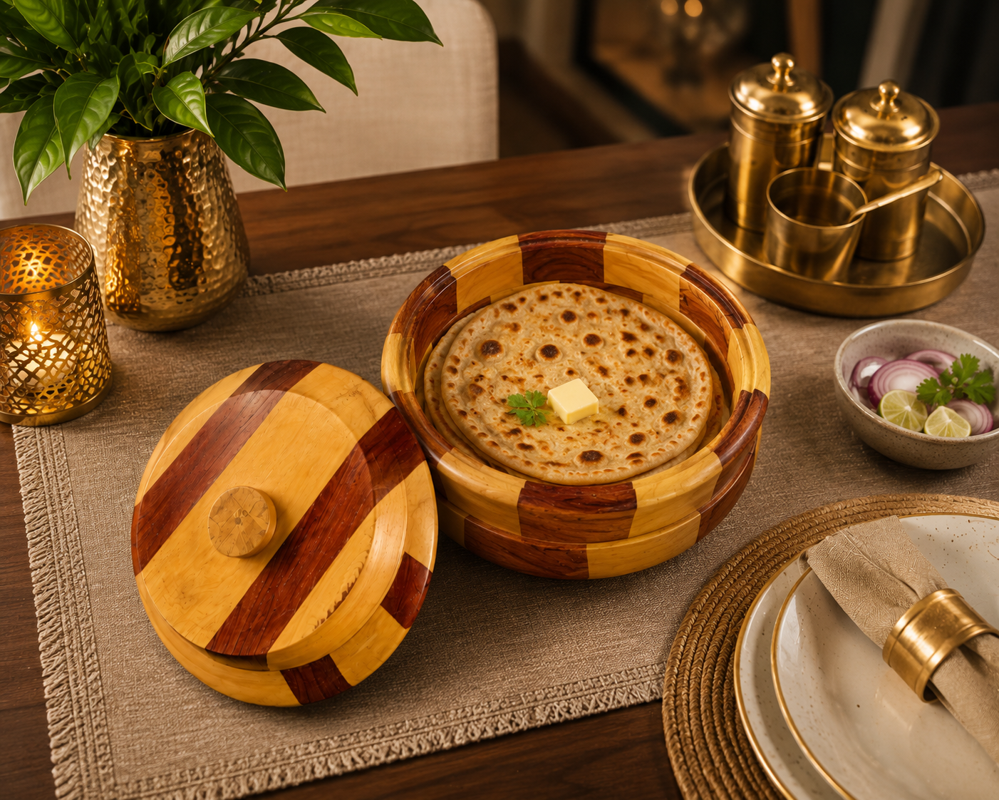 Premium Dual-Tone Wooden Roti Box with Lid for Chapati, Paratha and Bread Storage