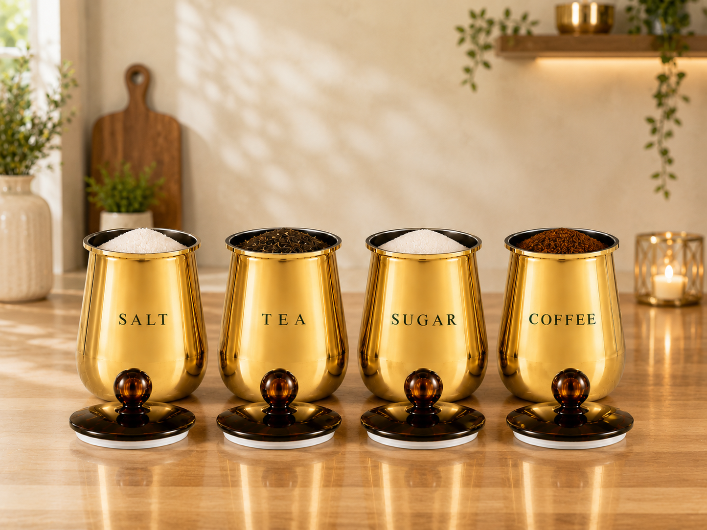 Premium Gold Salt Tea Sugar Coffee Storage Containers with Decorative Lids – Set of 4