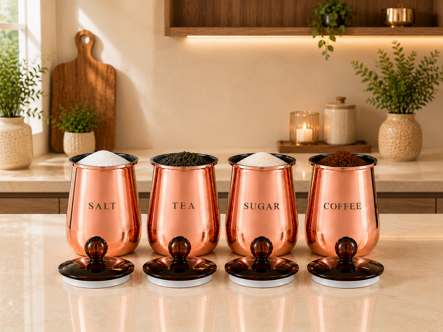 Premium Rose Gold Salt Tea Sugar Coffee Storage Containers with Lids – Set of 4
