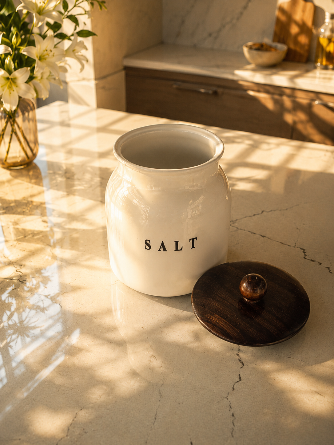 Glossy White Metal Salt Container with Black Lid – Premium Kitchen Salt Storage Canister for Countertop, Pantry & Spice Storage