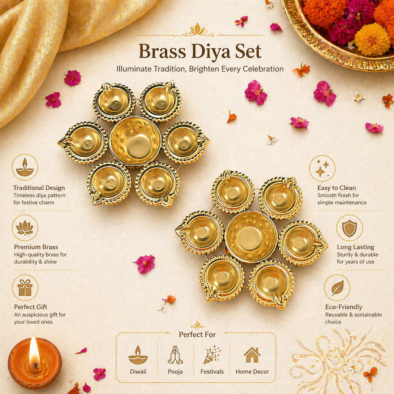 Premium Metal Diya Set for Diwali & Pooja Decoration – Elegant Decorative Metal Diyas with Golden Finish for Mandir, Festive Table Decor, Traditional Oil Lamps & Spiritual Home Decoration