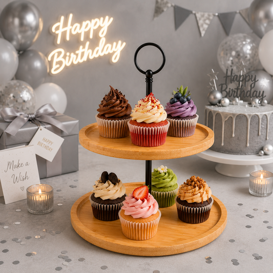 Premium 2 Tier Bamboo Cake Stand for Cupcakes & Desserts – Elegant Wooden Dessert Display Stand with Metal Handle – Multi Layer Serving Tray for Kitchen Counter, Tea Party, Birthday, Bakery & Home Decoration