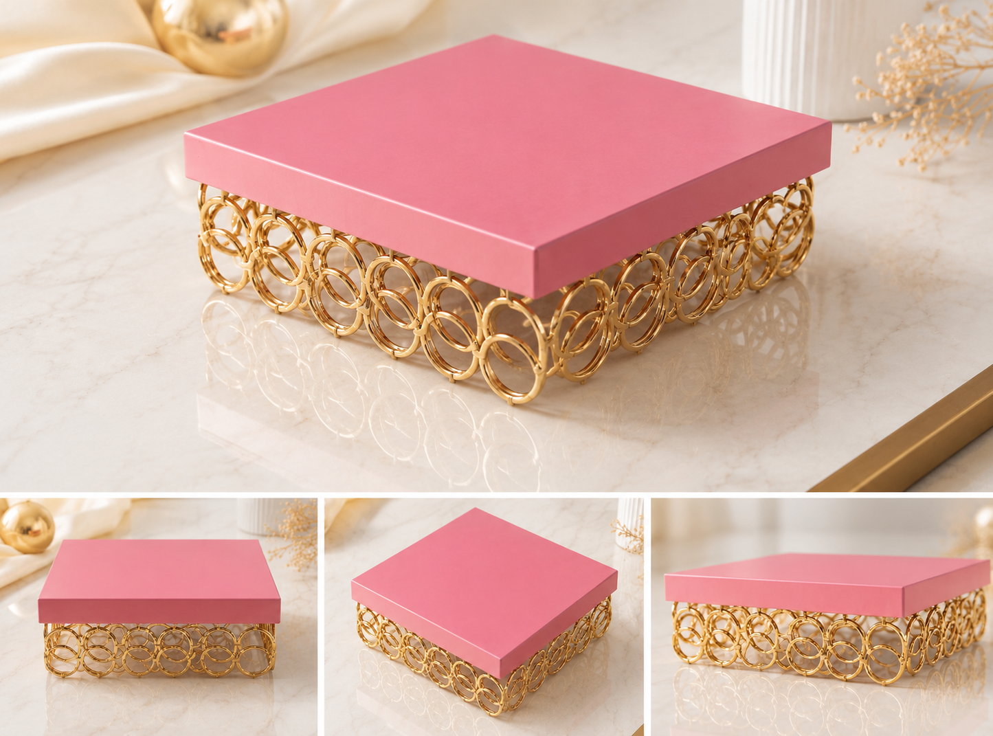 Pink Square Metal Cake Stand with Golden Ring Base – Premium Dessert Display Stand for Cake, Cupcakes, Sweets, Party & Table Decor