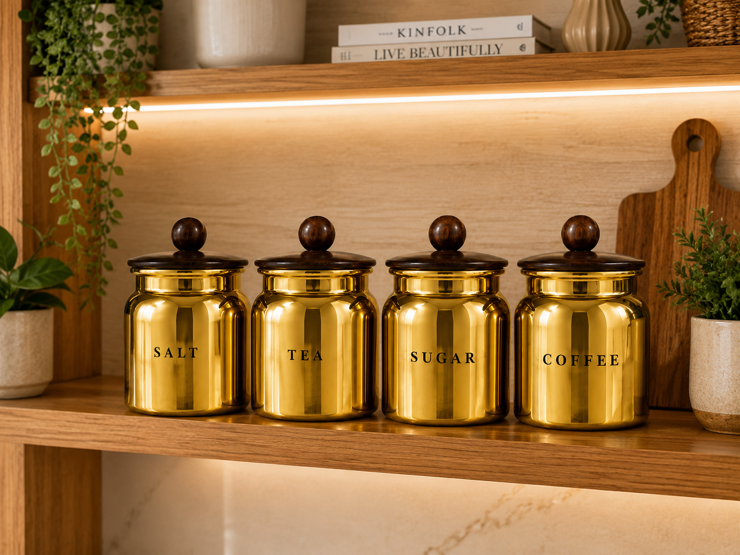Gold Metal Salt Tea Sugar Coffee Canister Set with Wooden-Style Lids – Premium 4 Piece Kitchen Storage for Pantry, Countertop & Coffee Bar