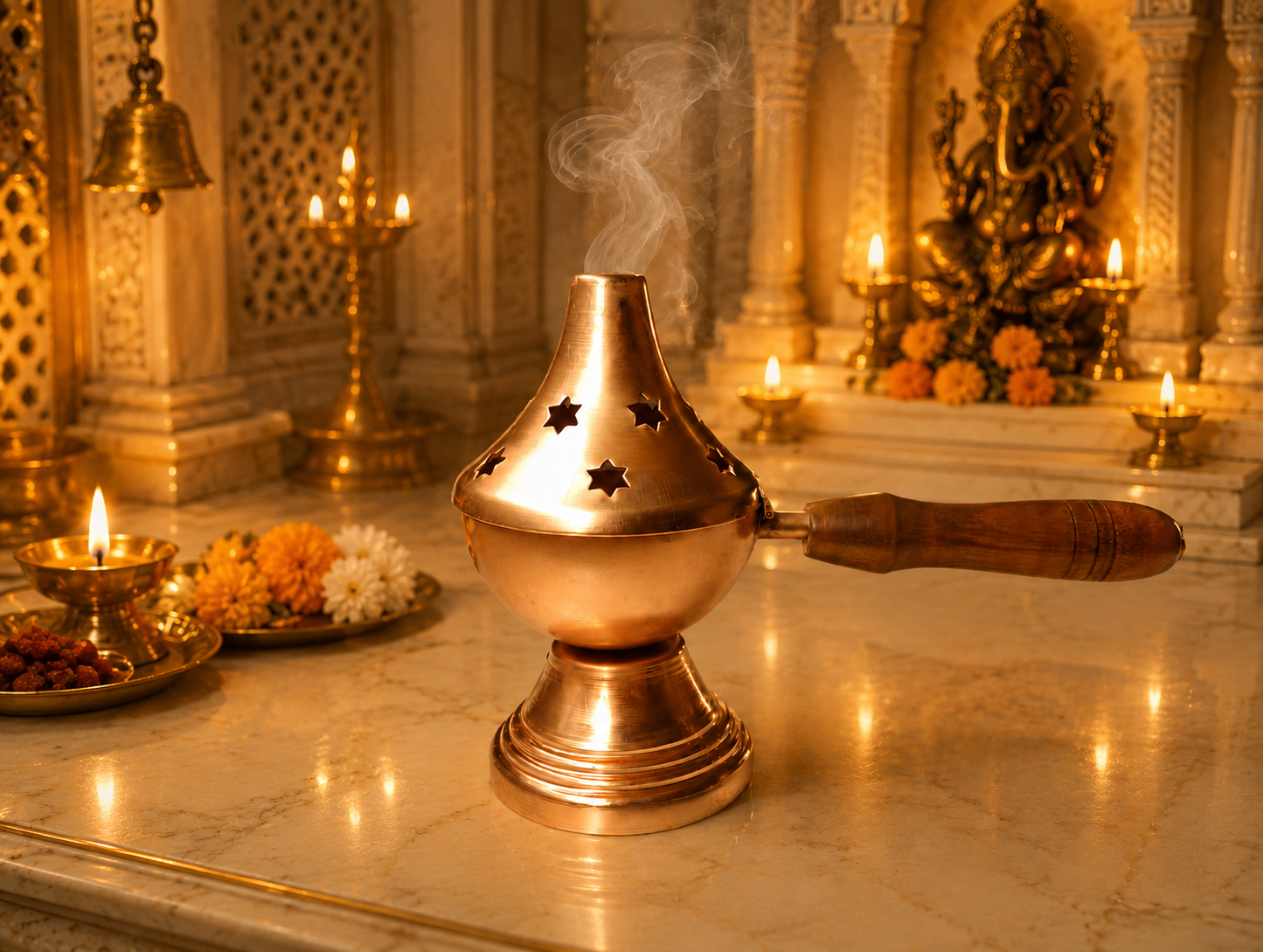 Temple Style Metal Loban Burner with Wooden Handle