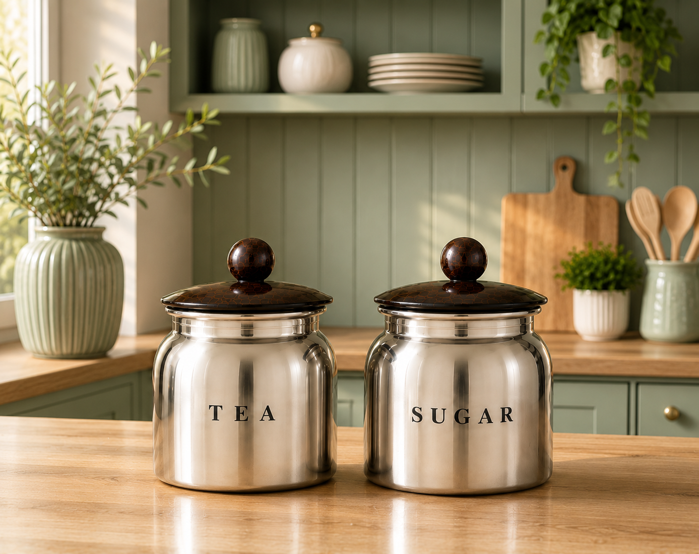 Glossy Silver Metal Tea Sugar Container Set with Wooden Look Lids – Premium Kitchen Storage Canisters for Countertop, Pantry & Tea Station