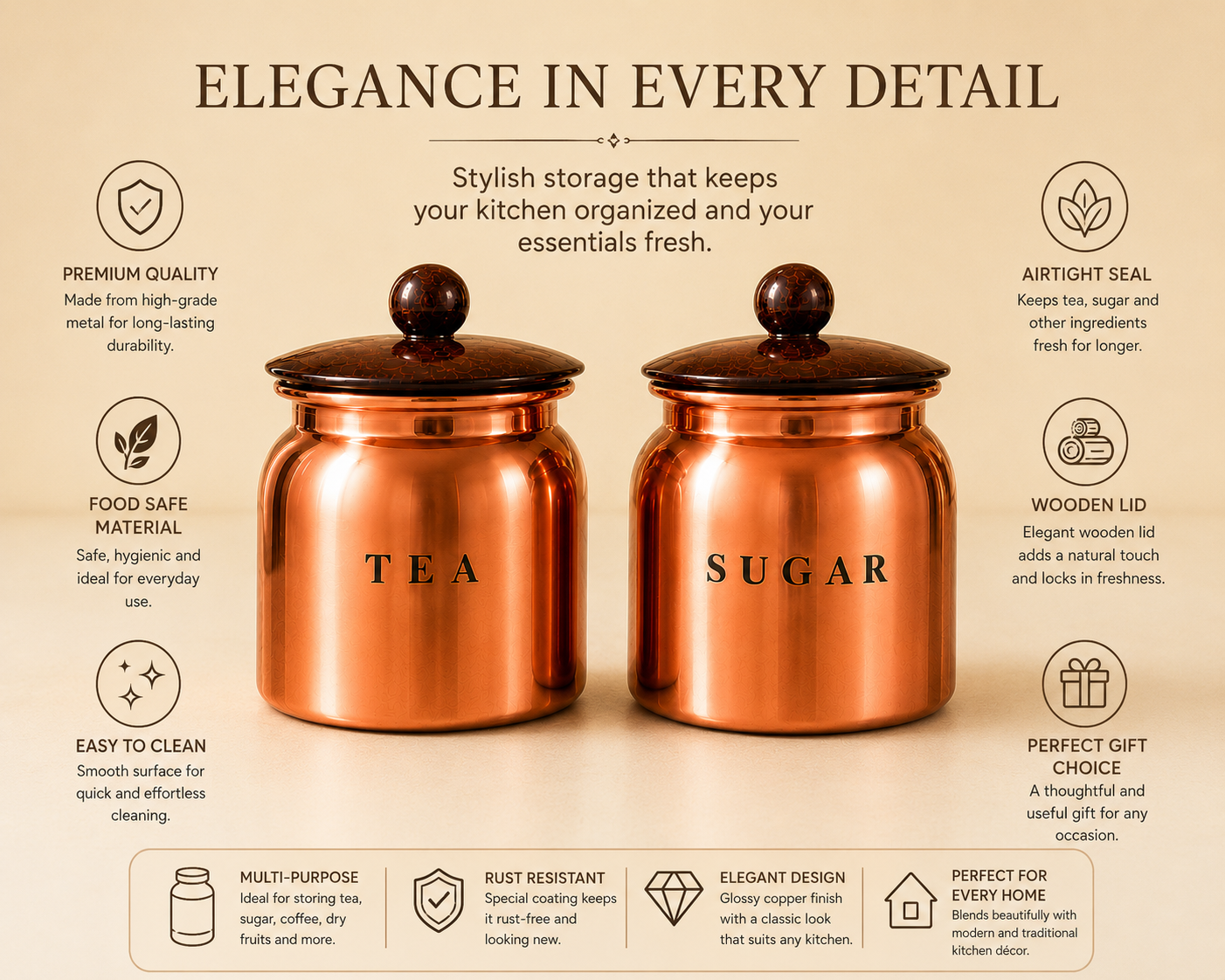 Glossy Copper Metal Tea Sugar Canister Set with Wooden-Style Lids – Premium 2 Piece Kitchen Storage for Countertop, Pantry & Tea Station