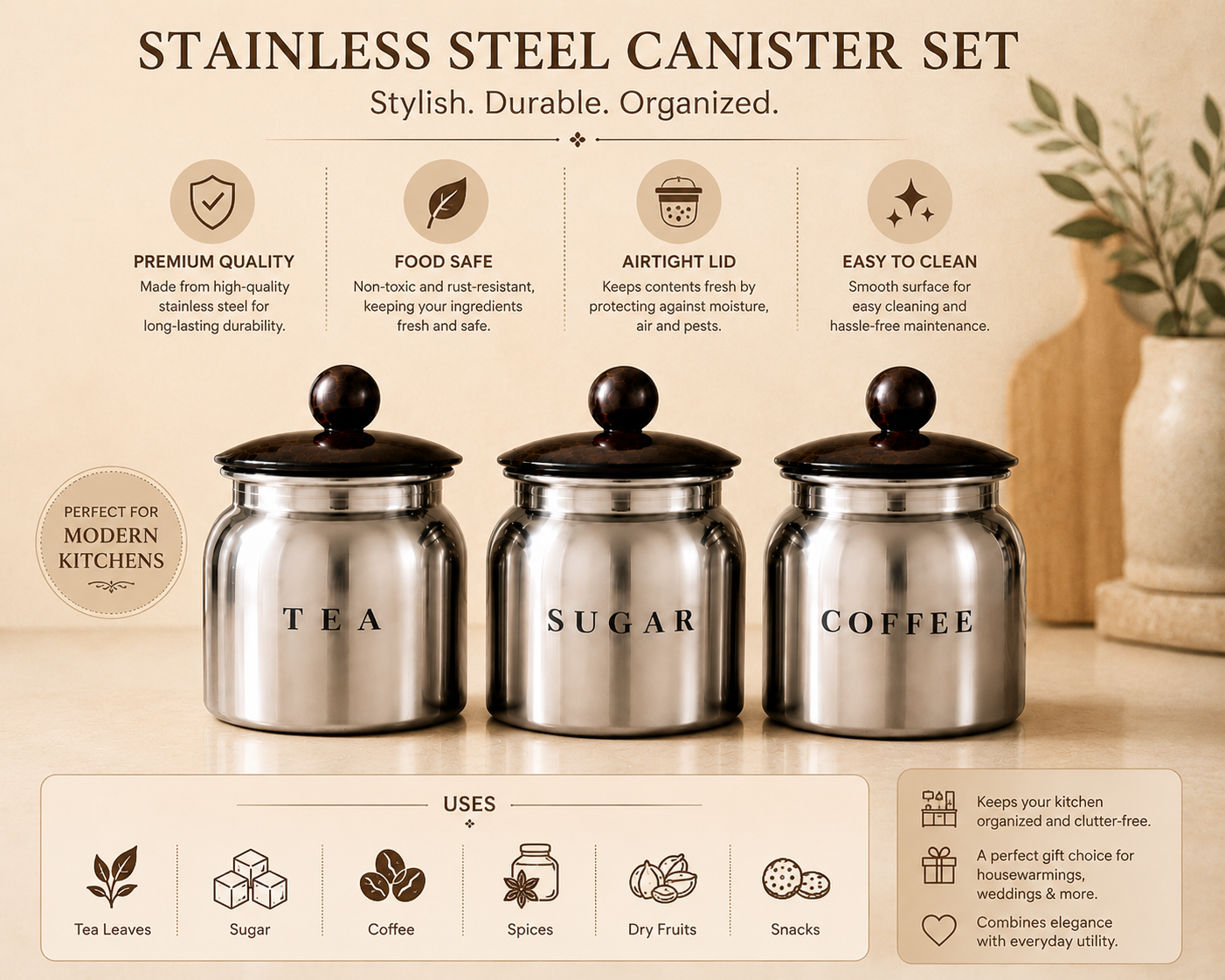 Premium Silver Metal Tea Sugar Coffee Canister Set with Wooden-Style Lids – Luxury Kitchen Countertop Storage for Pantry, Tea Station & Coffee Bar
