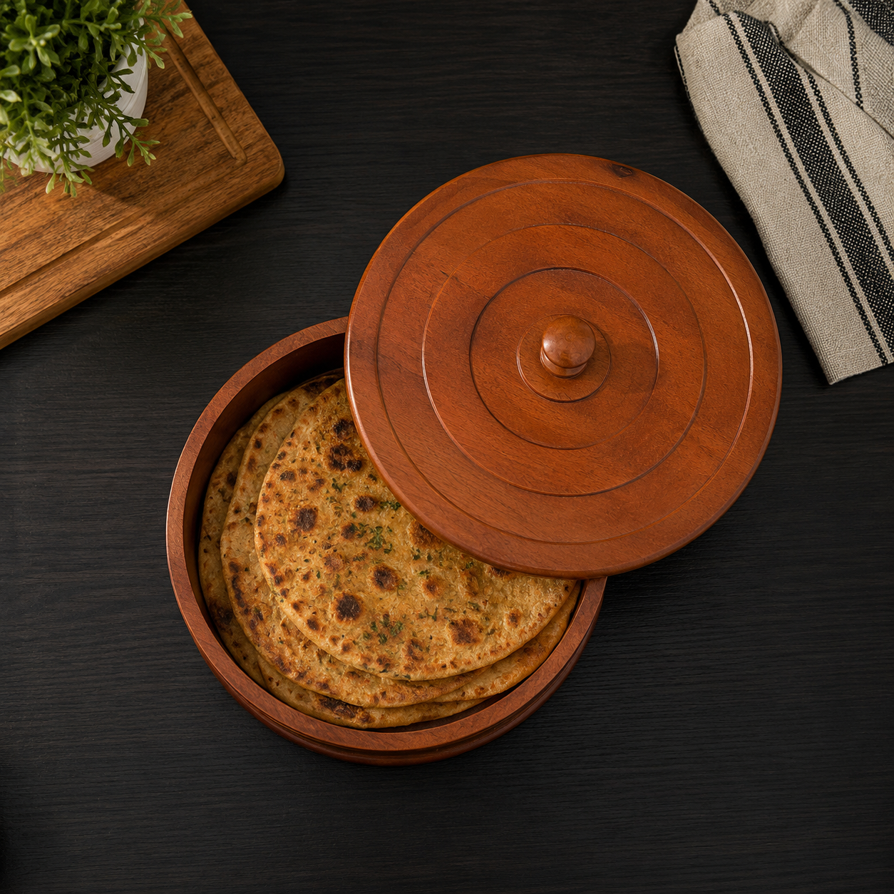 Premium Wooden Roti Box with Lid for Chapati, Paratha and Bread Storage