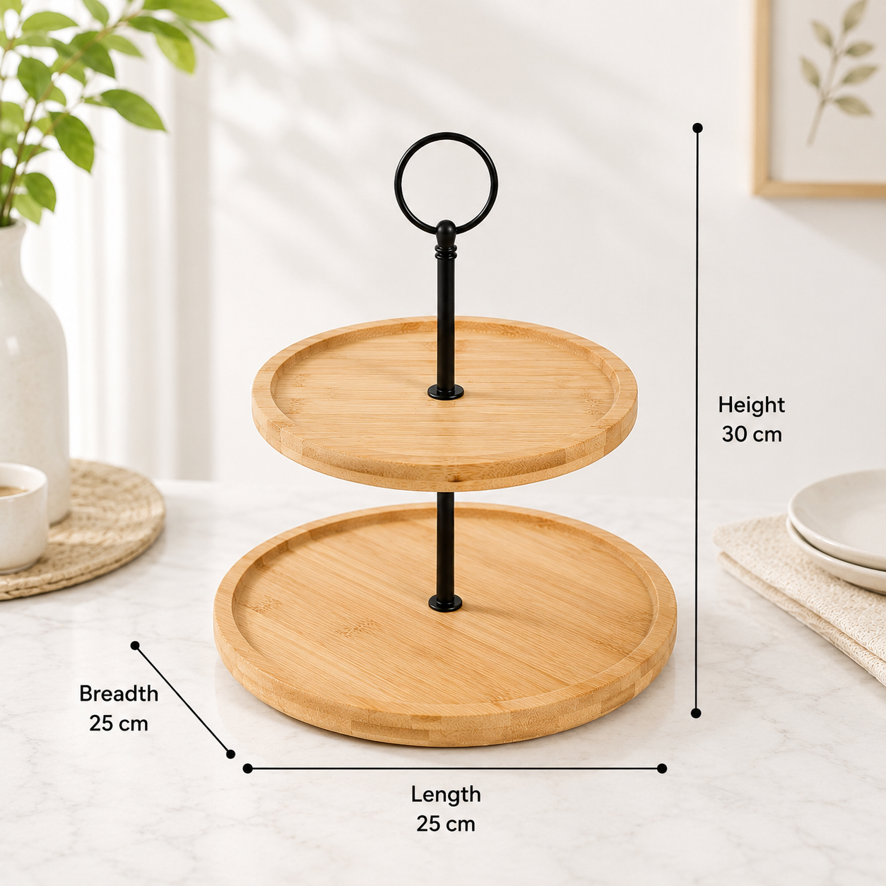 Premium 2 Tier Bamboo Cake Stand for Cupcakes & Desserts – Elegant Wooden Dessert Display Stand with Metal Handle – Multi Layer Serving Tray for Kitchen Counter, Tea Party, Birthday, Bakery & Home Decoration