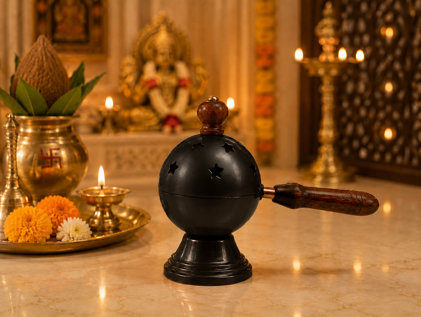 Matte Black Metal Loban Burner with Wooden Handle