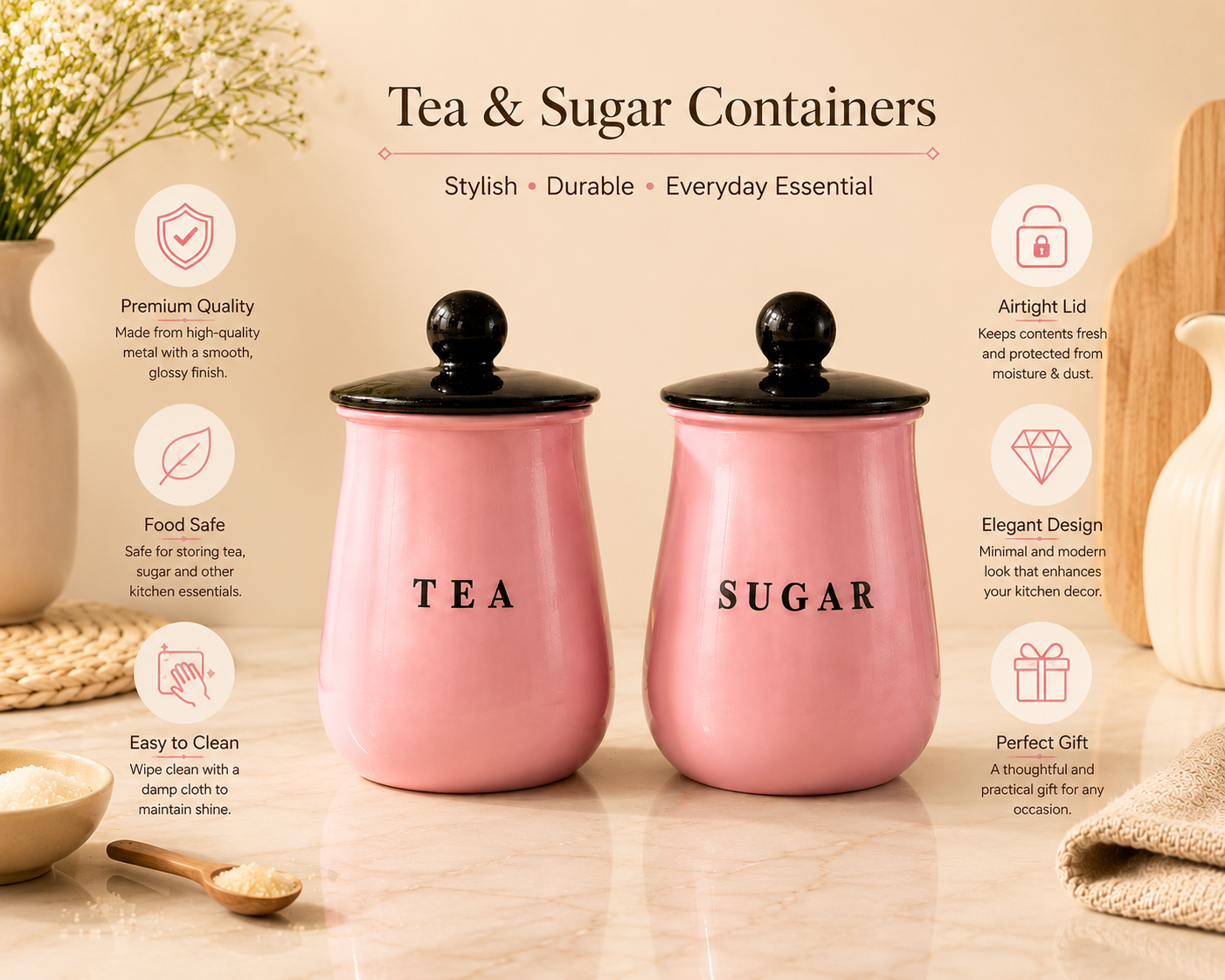 Pink Metal Tea Sugar Container Set with Black Lids – Stylish Kitchen Storage Canisters for Countertop, Pantry & Tea Station