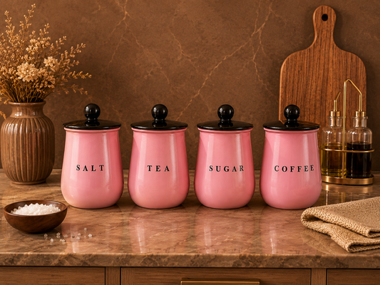 Glossy Pink Metal Salt Tea Sugar Coffee Container Set with Black Lids – 4 Piece Kitchen Storage Canisters for Countertop, Pantry & Tea Coffee Station