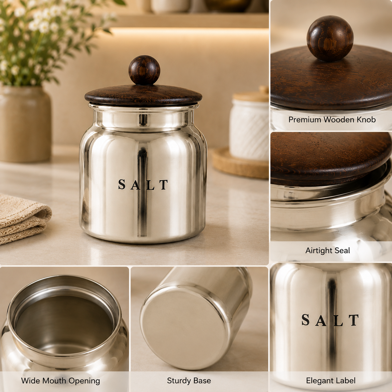 Silver Metal Salt Container with Wooden Look Lid – Premium Kitchen Salt Storage Canister for Countertop, Pantry & Spice Storage