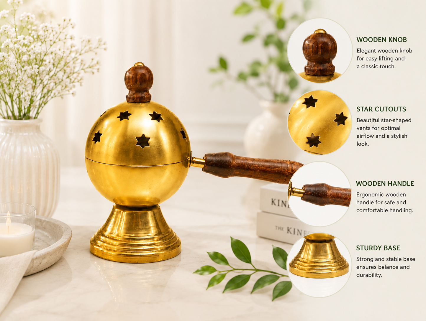 Star Cut Metal Loban Burner with Wooden Handle