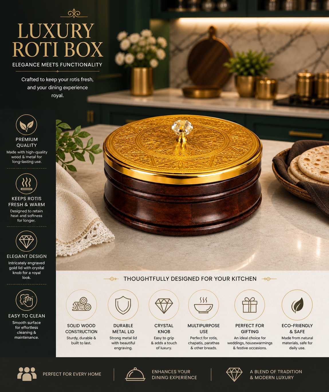 Luxury Designer Roti Box with Decorative Golden Lid | Premium Wooden Chapati Storage Container for Kitchen & Dining Table | Insulated Bread Keeper and Elegant Indian Serveware for Fresh Rotis
