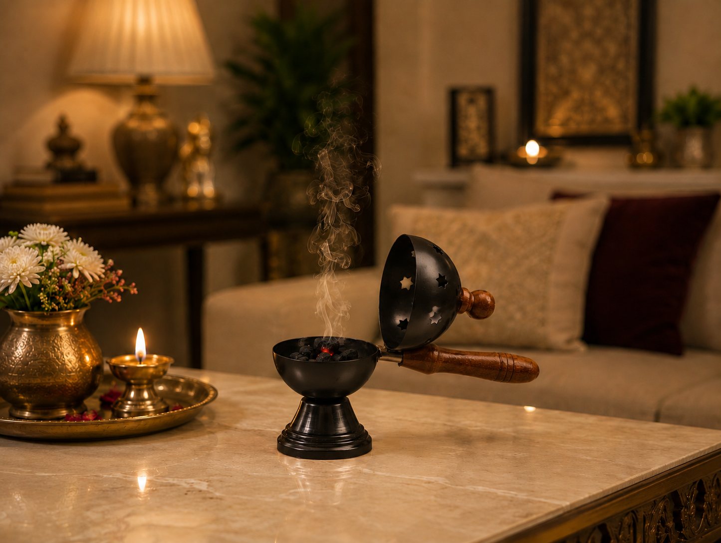 Matte Black Metal Loban Burner with Wooden Handle