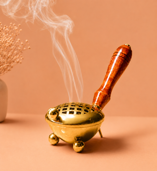 Gold Metal Loban Burner with Wooden Handle for Pooja, Bakhoor & Home Décor