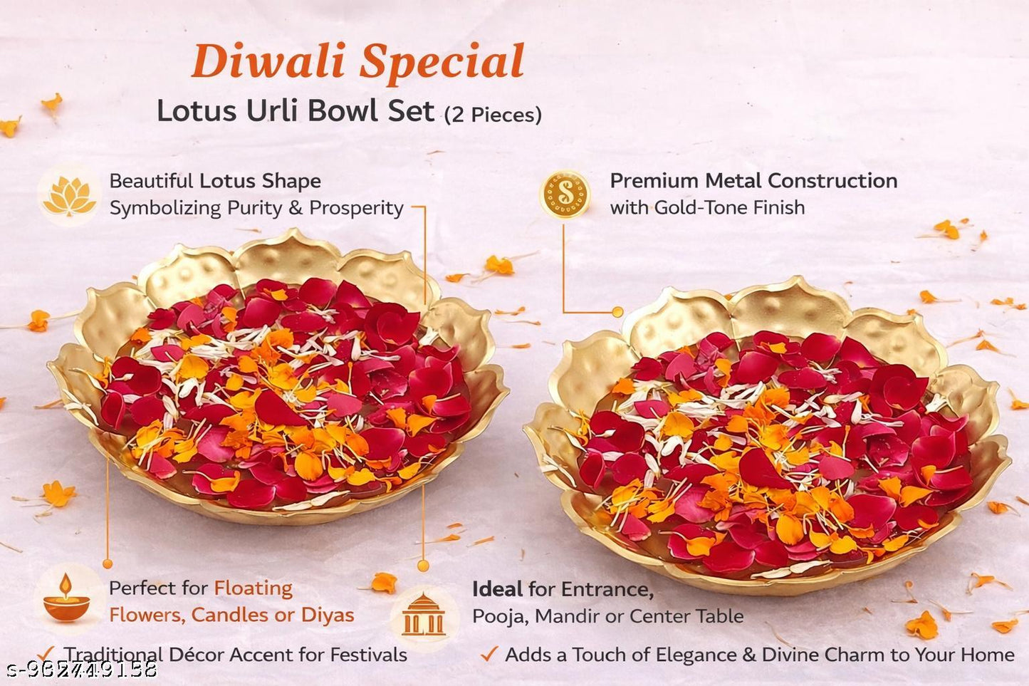 Set of 2 Metal Urli Bowls for Diwali Decoration | Decorative Floral Urli Set with Floating Flower Design for Pooja, Wedding Centerpiece & Luxury Home Decor