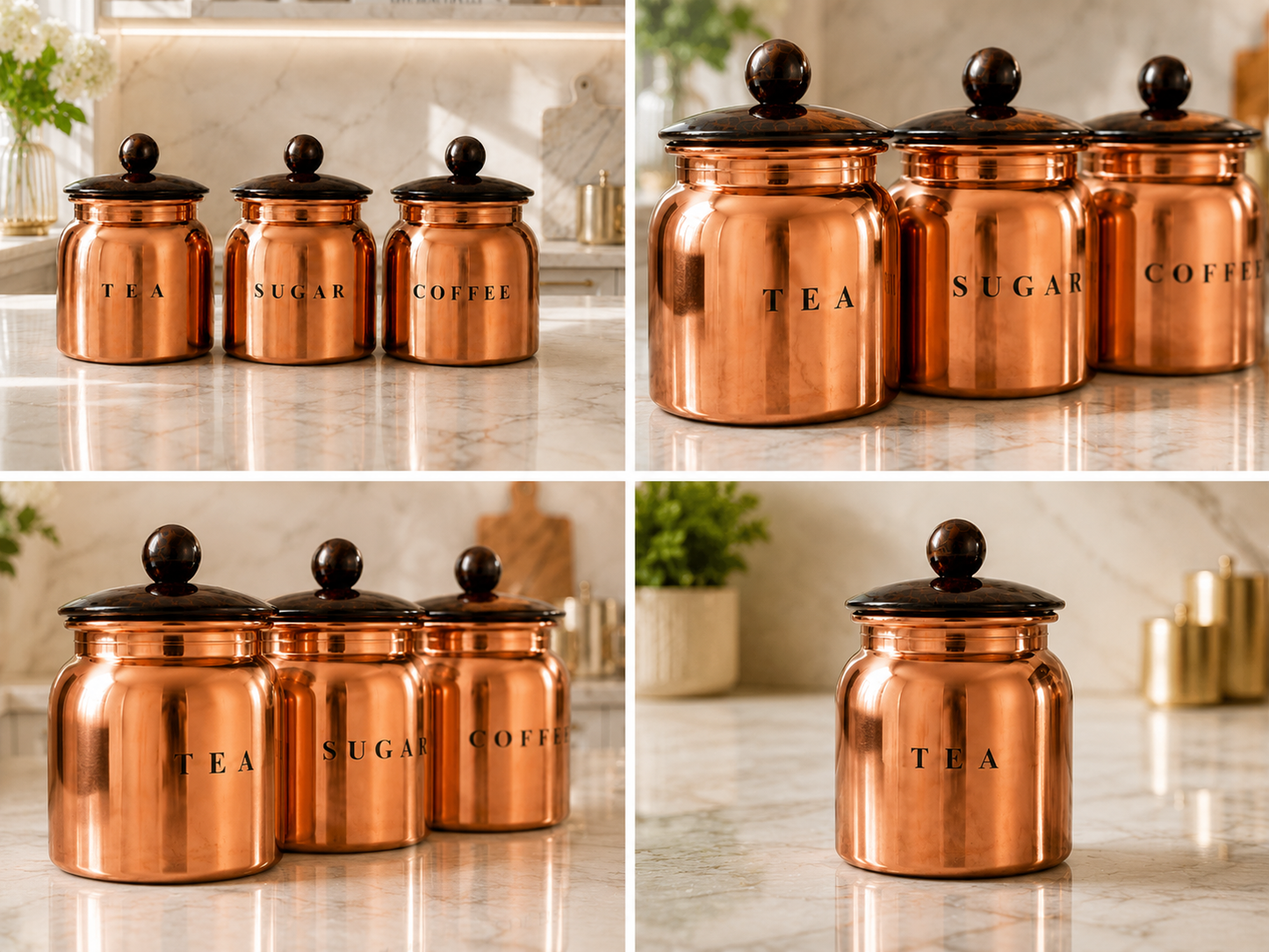 Metal Tea Sugar Coffee Canister Set with Wooden-Style Lids – Premium 3 Piece Kitchen Storage for Countertop, Pantry & Coffee Station