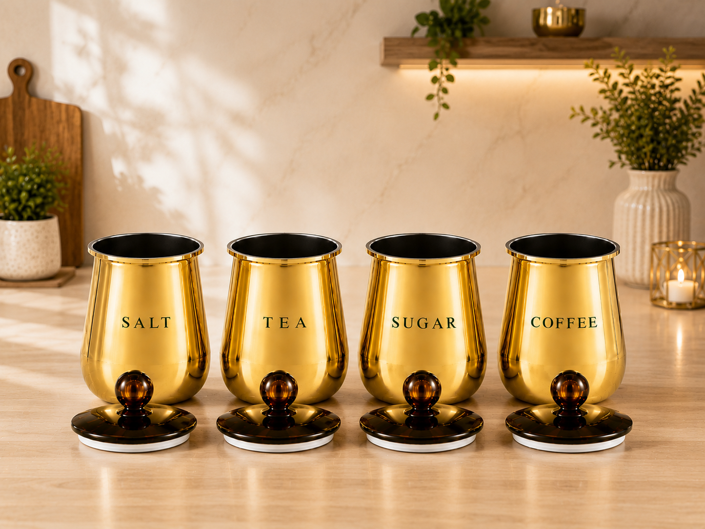 Premium Gold Salt Tea Sugar Coffee Storage Containers with Decorative Lids – Set of 4