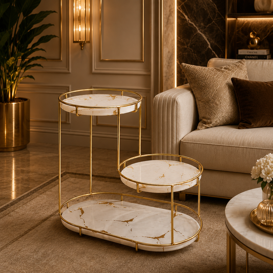 Luxury Metal Vanity Organizer for Makeup & Skincare | Modern Gold Cosmetic Storage Rack with Marble Finish Shelves | Elegant Vanity Table Organizer & Bathroom Counter Organizer for Perfume, Beauty Products & Accessories